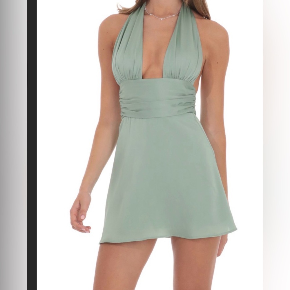 Elegant Green Satin Halter Tie Dress